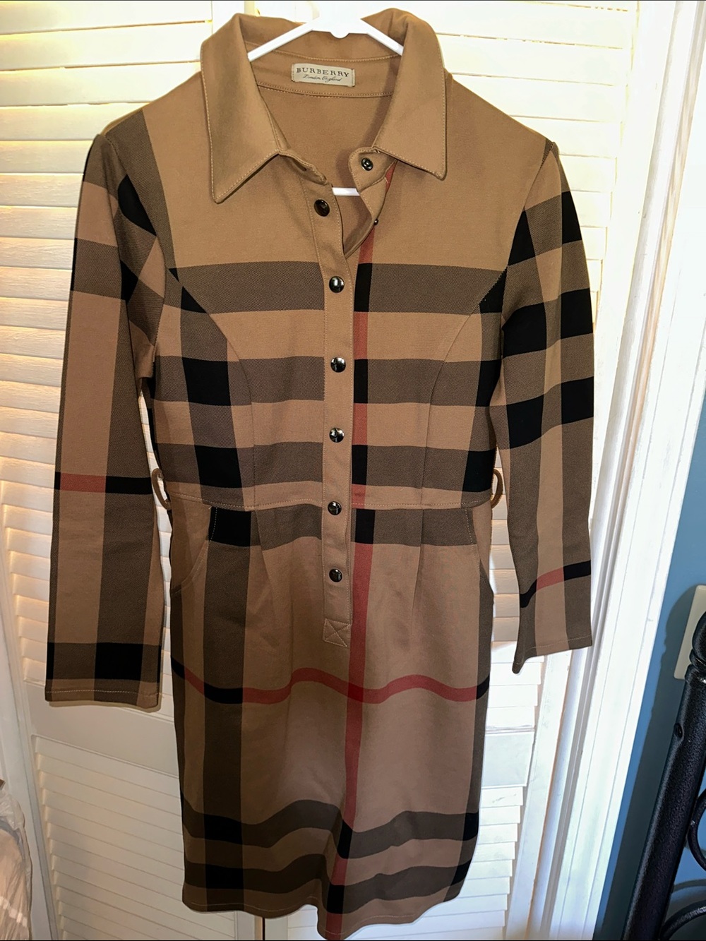 Burberry Beige, Black & Red Plaid Long-Sleeve Shirt Dress